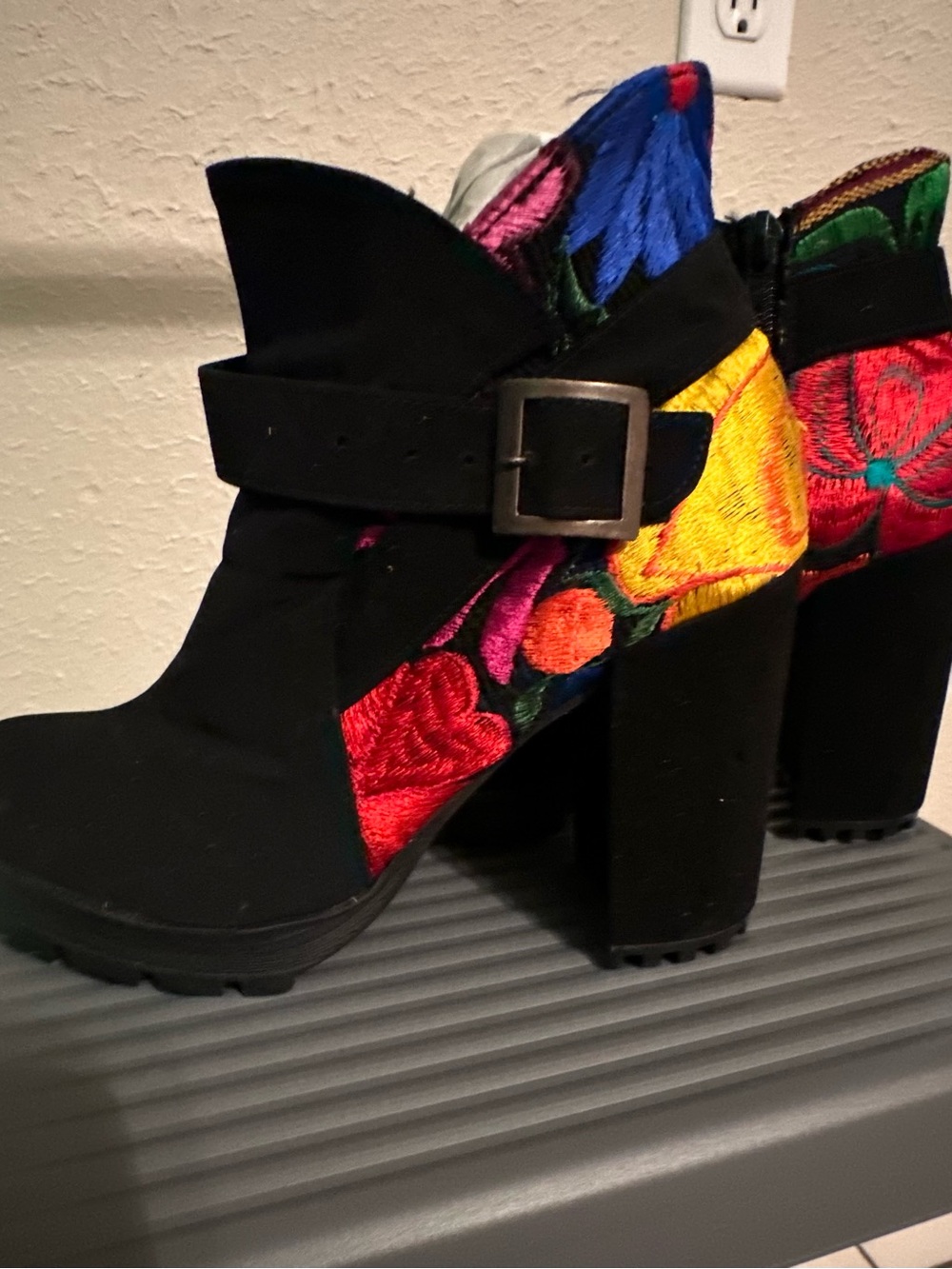 Black Ankle Booties with Multicolor Floral Embroidery